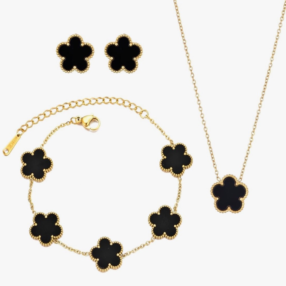 Elegant Black and Gold Floral Lucky Clover Jewelry Set